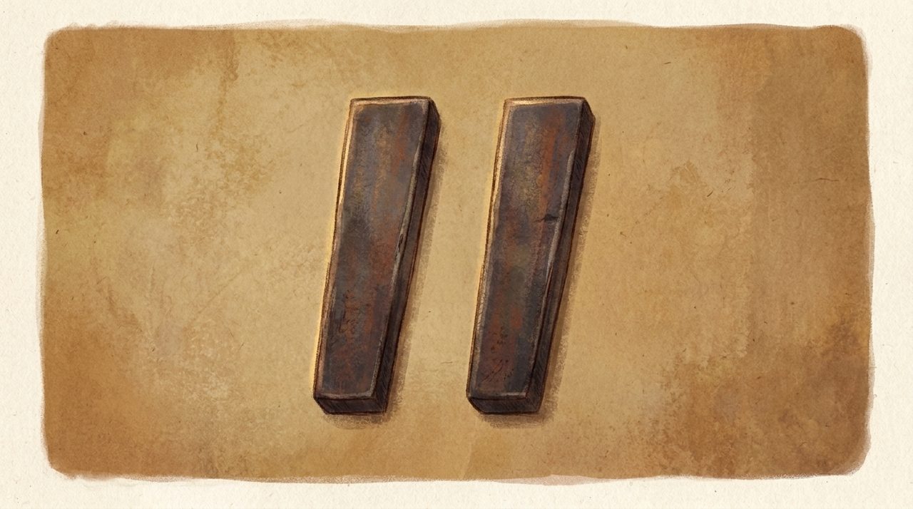Close-up of two identical blunt straight vertical tally-style quote marks